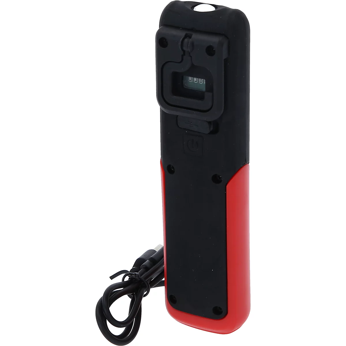 Zwarte en rode LED-zaklamp met oplaadkabel, clip en wit licht.